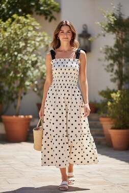 En Saison Cream Midi Dress with Black Polka Dots and Black Tie Straps